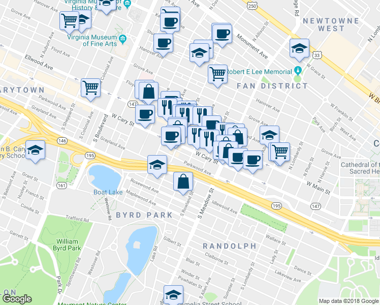 map of restaurants, bars, coffee shops, grocery stores, and more near 12 South Shields Avenue in Richmond
