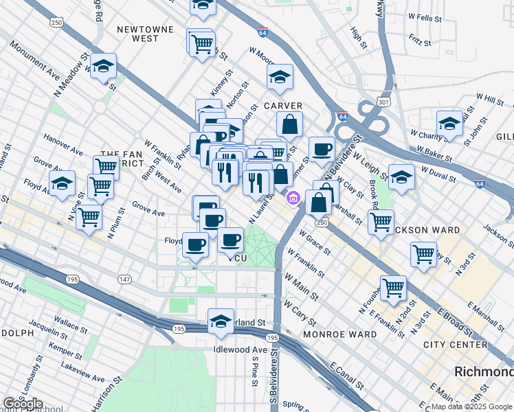map of restaurants, bars, coffee shops, grocery stores, and more near 805 West Grace Street in Richmond