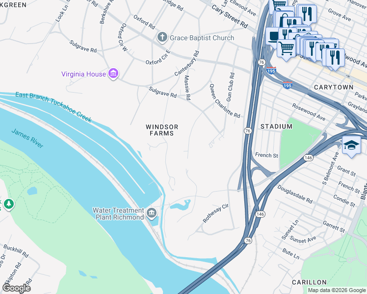 map of restaurants, bars, coffee shops, grocery stores, and more near 319 Clovelly Road in Richmond