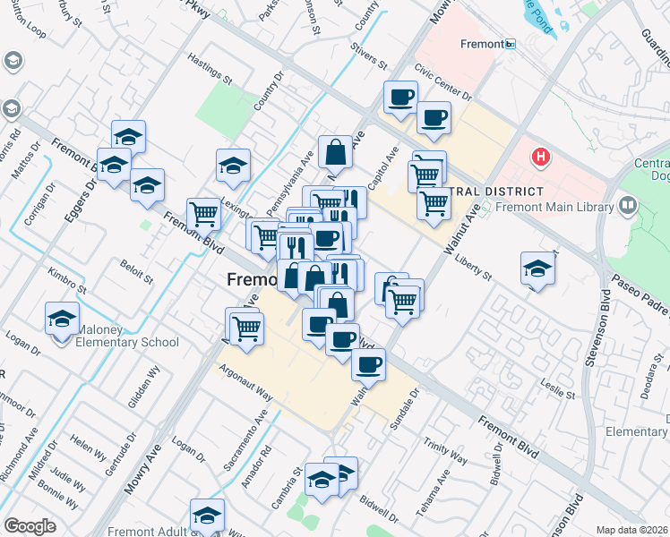 map of restaurants, bars, coffee shops, grocery stores, and more near 3768 Capitol Avenue in Fremont