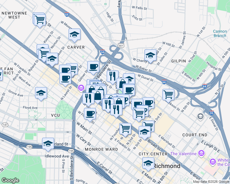 map of restaurants, bars, coffee shops, grocery stores, and more near in Richmond
