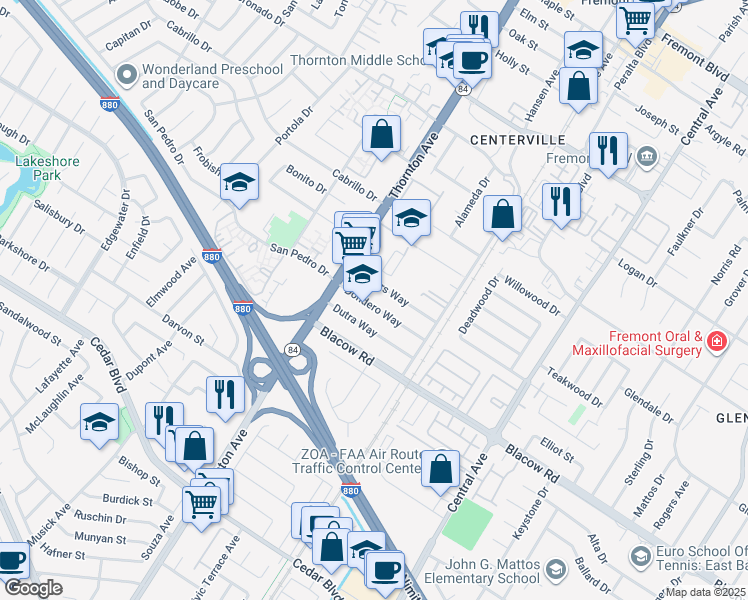 map of restaurants, bars, coffee shops, grocery stores, and more near 37114 Dondero Way in Fremont