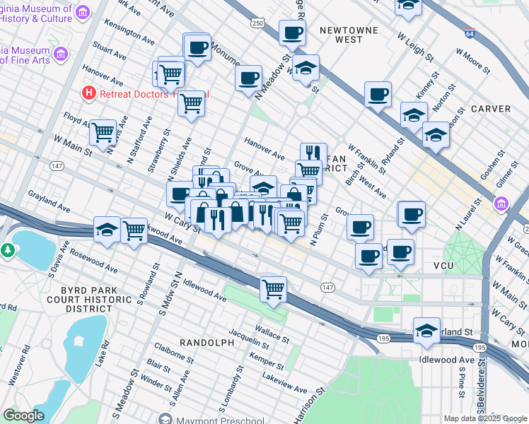 map of restaurants, bars, coffee shops, grocery stores, and more near 1701 Floyd Avenue in Richmond