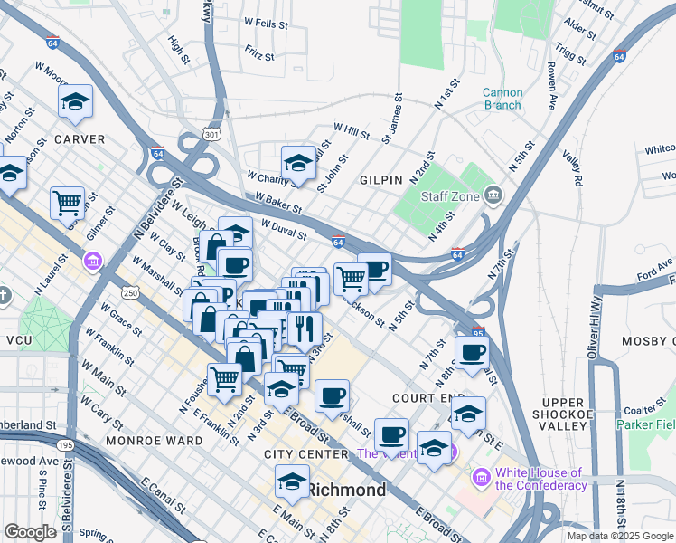 map of restaurants, bars, coffee shops, grocery stores, and more near 722 North 2nd Street in Richmond