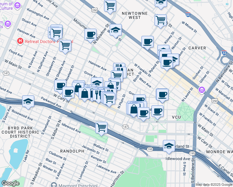 map of restaurants, bars, coffee shops, grocery stores, and more near 117 North Lombardy Street in Richmond