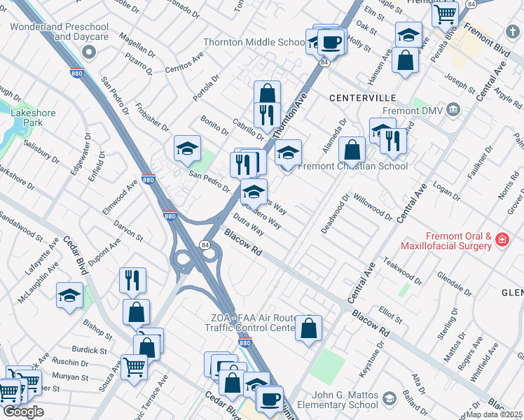 map of restaurants, bars, coffee shops, grocery stores, and more near 37114 Dondero Way in Fremont