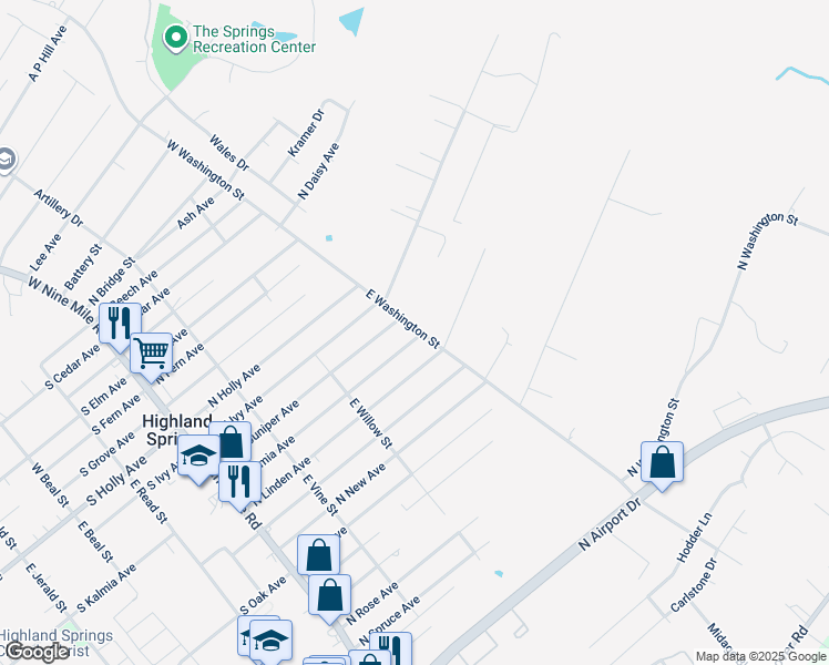map of restaurants, bars, coffee shops, grocery stores, and more near 238 North Kalmia Avenue in Highland Springs