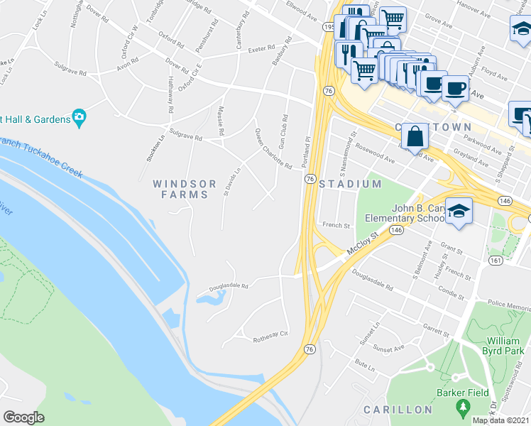 map of restaurants, bars, coffee shops, grocery stores, and more near 305 Marston Lane in Richmond