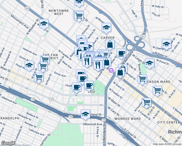 map of restaurants, bars, coffee shops, grocery stores, and more near 818 West Franklin Street in Richmond