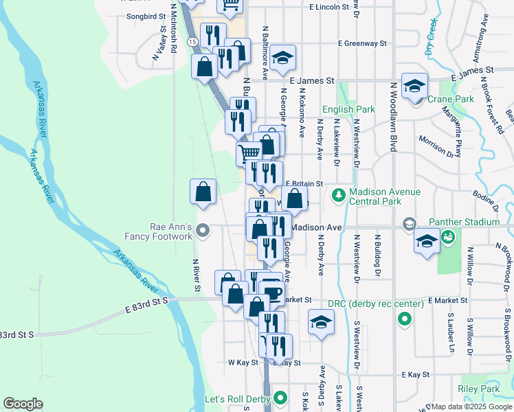 map of restaurants, bars, coffee shops, grocery stores, and more near 727 North Baltimore Avenue in Derby