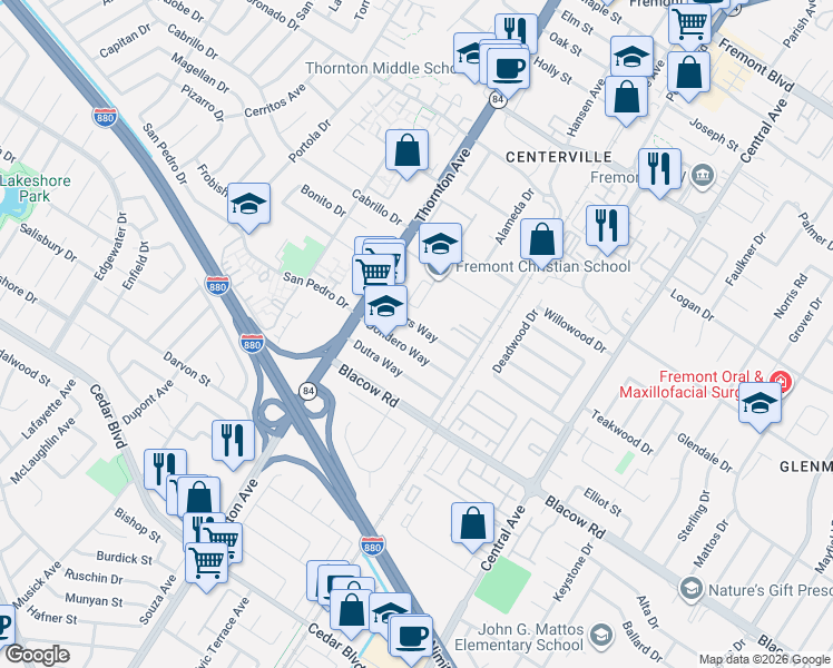 map of restaurants, bars, coffee shops, grocery stores, and more near 37156 Towers Way in Fremont