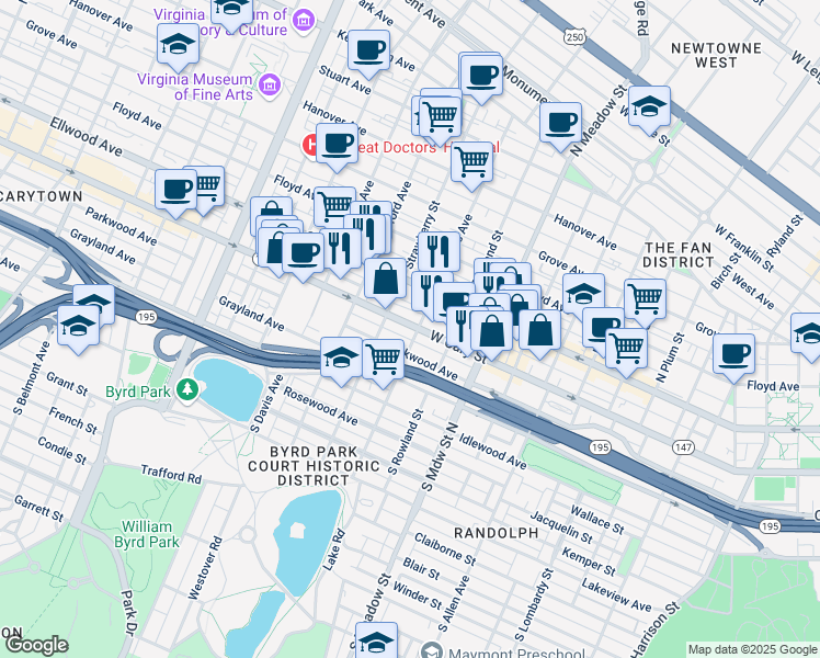 map of restaurants, bars, coffee shops, grocery stores, and more near 2205 West Cary Street in Richmond