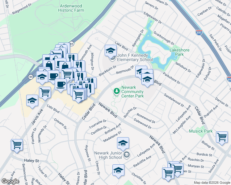 map of restaurants, bars, coffee shops, grocery stores, and more near 35501 Cedar Boulevard in Newark