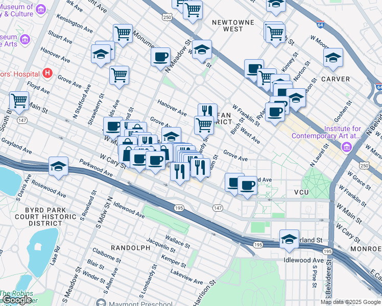 map of restaurants, bars, coffee shops, grocery stores, and more near 1612 Floyd Avenue in Richmond