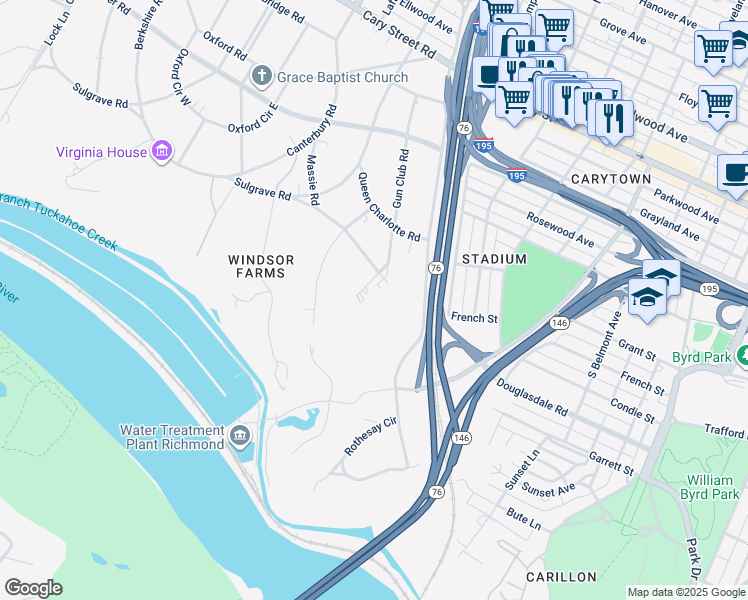map of restaurants, bars, coffee shops, grocery stores, and more near 305 Marston Lane in Richmond