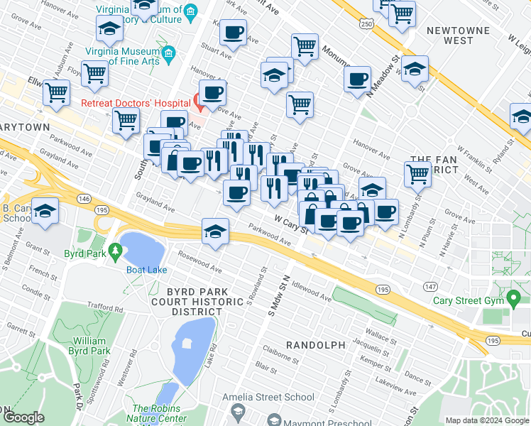 map of restaurants, bars, coffee shops, grocery stores, and more near 2201 West Cary Street in Richmond