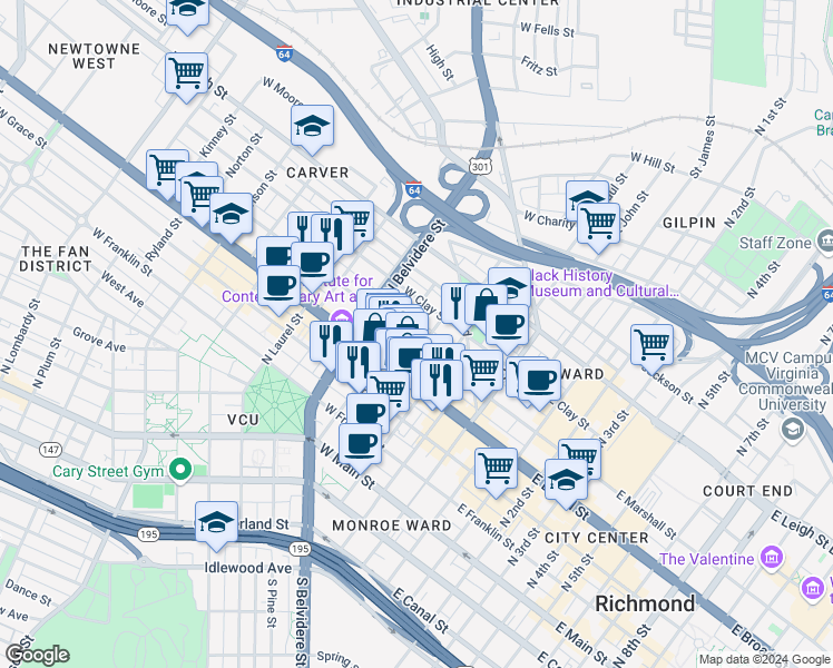 map of restaurants, bars, coffee shops, grocery stores, and more near 408 West Marshall Street in Richmond