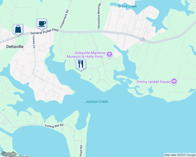 map of restaurants, bars, coffee shops, grocery stores, and more near 63 Oyster Shell Road in Deltaville