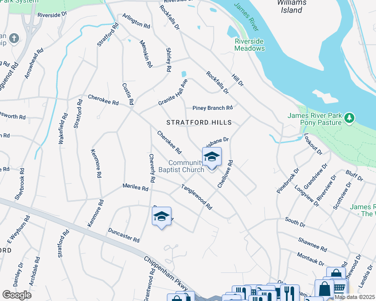 map of restaurants, bars, coffee shops, grocery stores, and more near 7660 Cherokee Road in Richmond