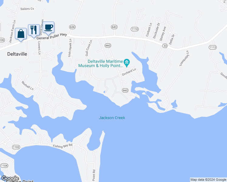 map of restaurants, bars, coffee shops, grocery stores, and more near 63 Oyster Shell Road in Deltaville