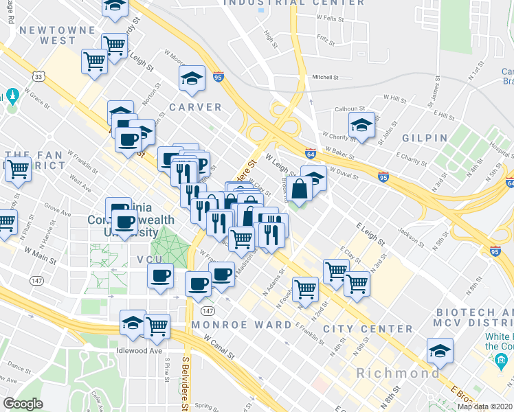 map of restaurants, bars, coffee shops, grocery stores, and more near 407 North Henry Street in Richmond