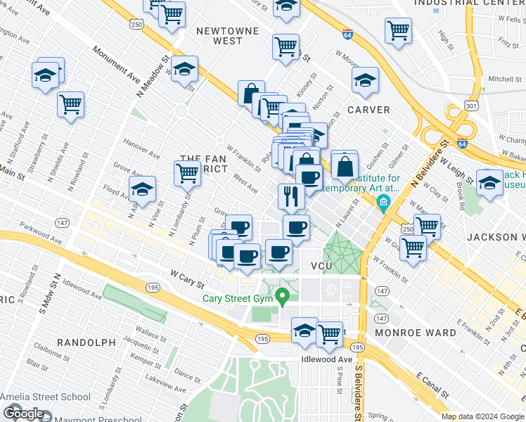map of restaurants, bars, coffee shops, grocery stores, and more near in Richmond