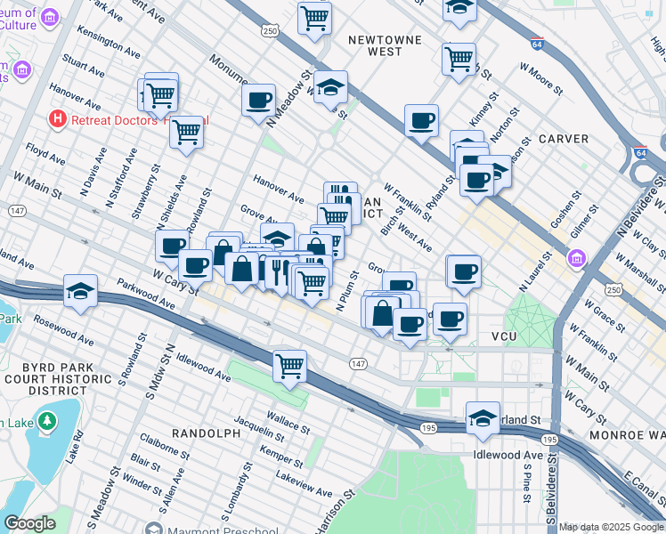 map of restaurants, bars, coffee shops, grocery stores, and more near in Richmond