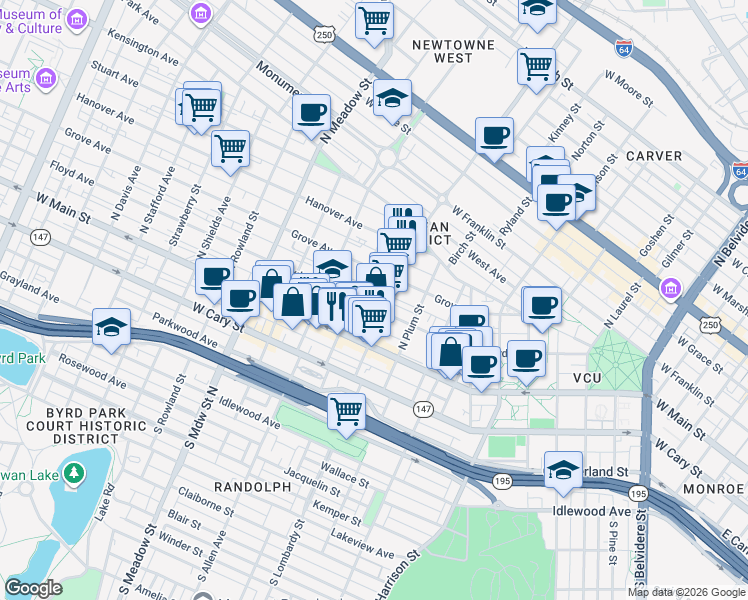 map of restaurants, bars, coffee shops, grocery stores, and more near in Richmond