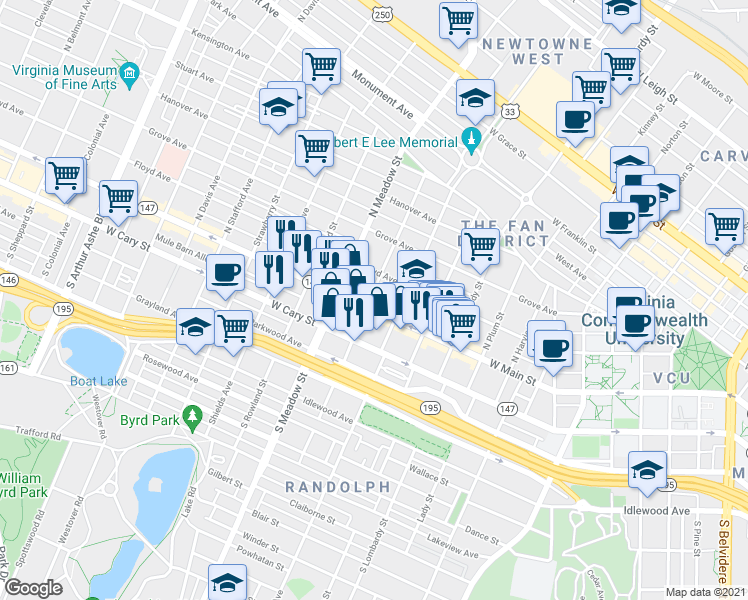 map of restaurants, bars, coffee shops, grocery stores, and more near 6 North Granby Street in Richmond