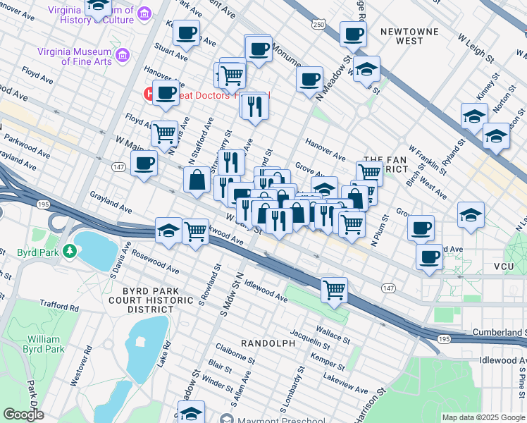 map of restaurants, bars, coffee shops, grocery stores, and more near 10 South Meadow Street in Richmond