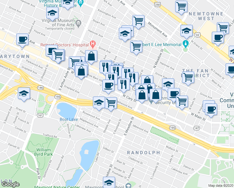map of restaurants, bars, coffee shops, grocery stores, and more near 12 South Shields Avenue in Richmond