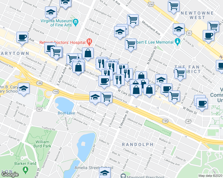 map of restaurants, bars, coffee shops, grocery stores, and more near 12 South Shields Avenue in Richmond