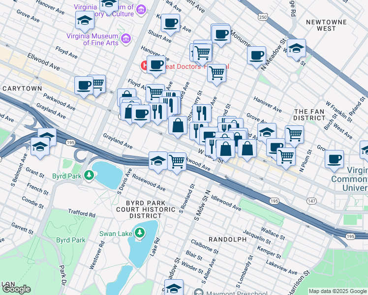 map of restaurants, bars, coffee shops, grocery stores, and more near 12 South Shields Avenue in Richmond
