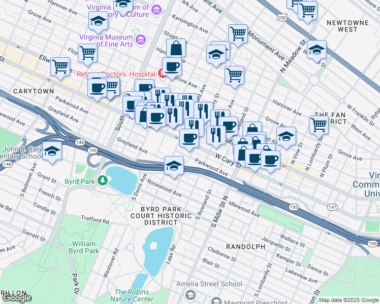map of restaurants, bars, coffee shops, grocery stores, and more near in Richmond