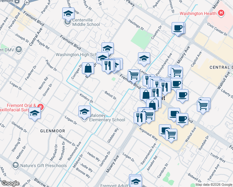 map of restaurants, bars, coffee shops, grocery stores, and more near 4179 Bell Common in Fremont