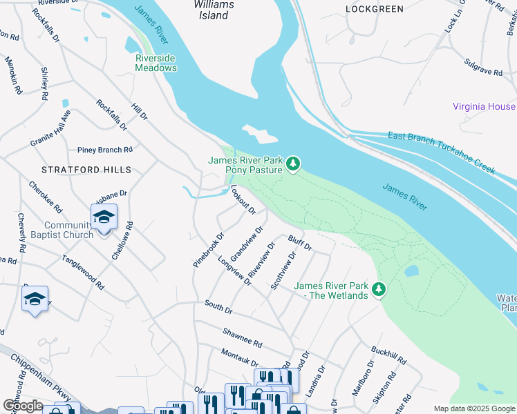 map of restaurants, bars, coffee shops, grocery stores, and more near 7223 Riverside Drive in Richmond