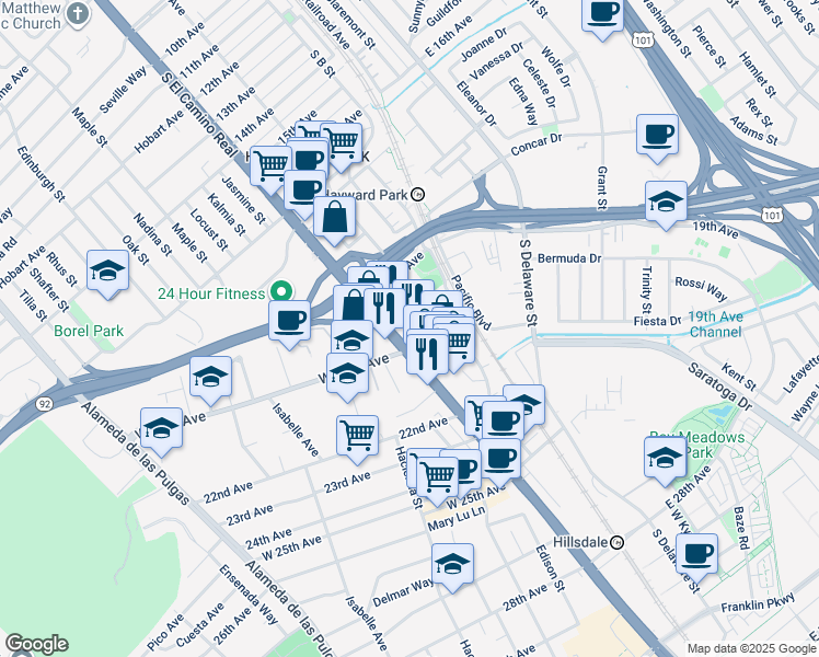 map of restaurants, bars, coffee shops, grocery stores, and more near 1950 Ivy Street in San Mateo