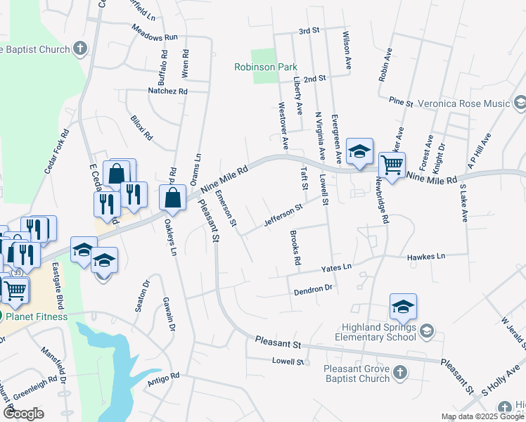 map of restaurants, bars, coffee shops, grocery stores, and more near 3222 Ainsworth Lane in Richmond