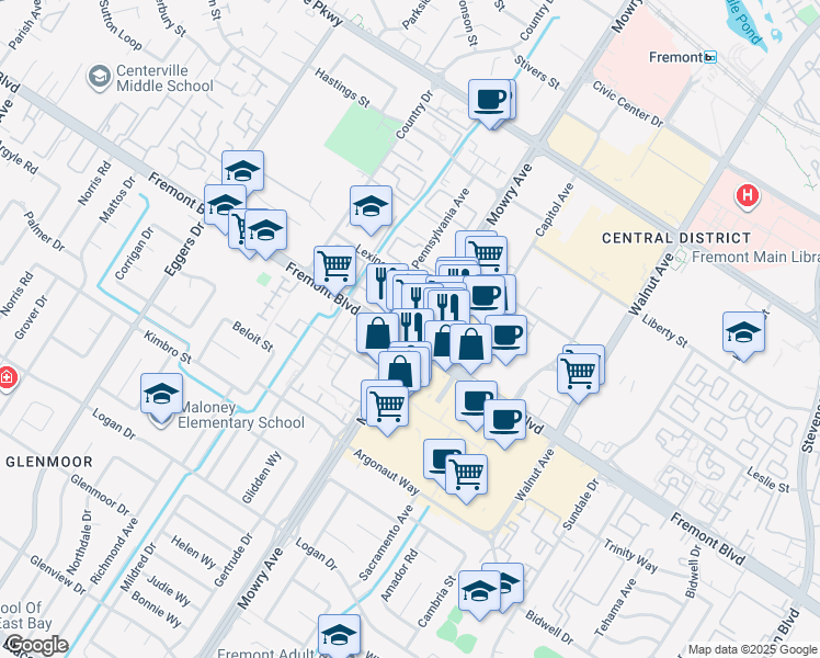 map of restaurants, bars, coffee shops, grocery stores, and more near 3953 Mowry Avenue in Fremont