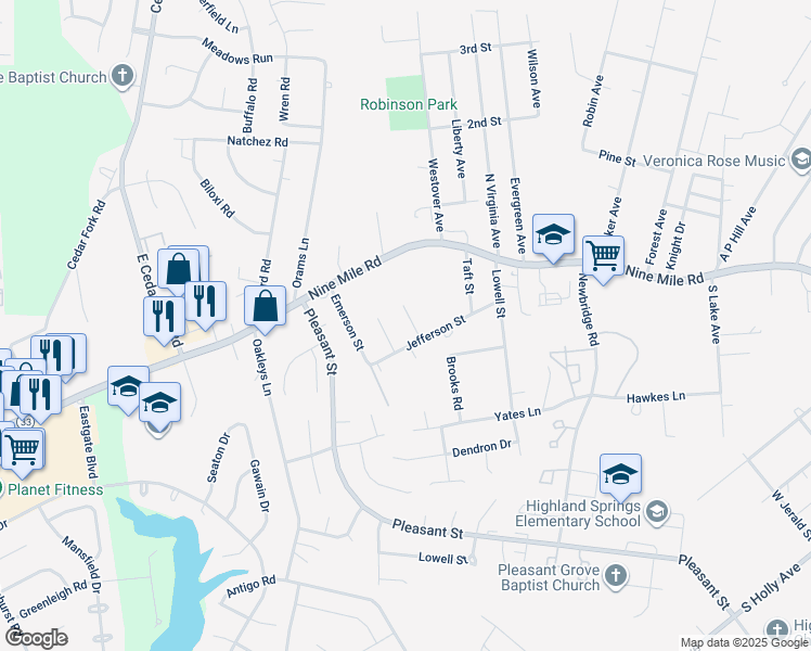 map of restaurants, bars, coffee shops, grocery stores, and more near 3222 Ainsworth Lane in Richmond