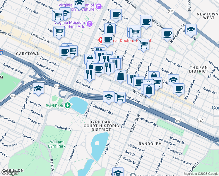 map of restaurants, bars, coffee shops, grocery stores, and more near 201 South Stafford Avenue in Richmond
