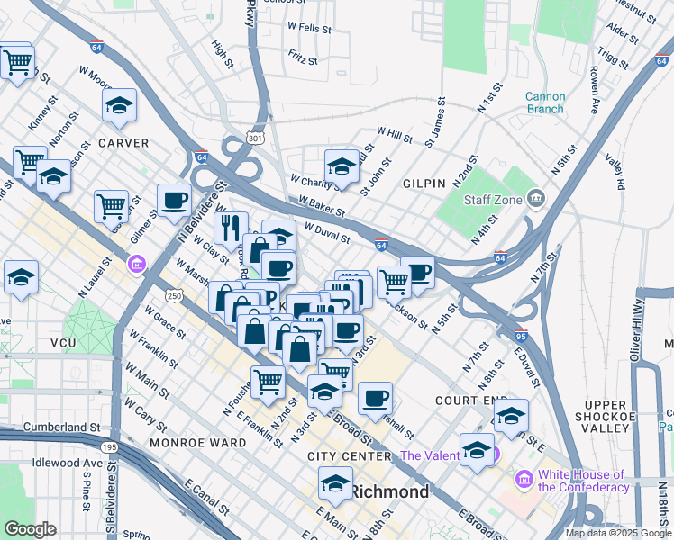 map of restaurants, bars, coffee shops, grocery stores, and more near 13 West Jackson Street in Richmond