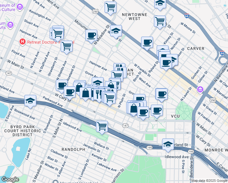 map of restaurants, bars, coffee shops, grocery stores, and more near 116 North Lombardy Street in Richmond