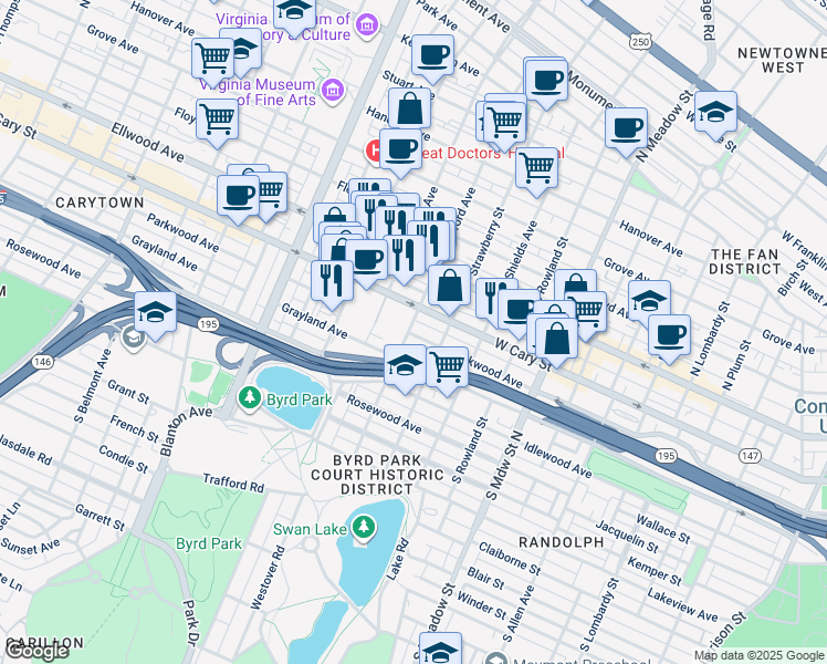 map of restaurants, bars, coffee shops, grocery stores, and more near 201 South Stafford Avenue in Richmond