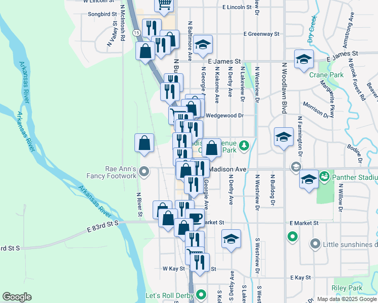 map of restaurants, bars, coffee shops, grocery stores, and more near 2 East Walnut Street in Derby