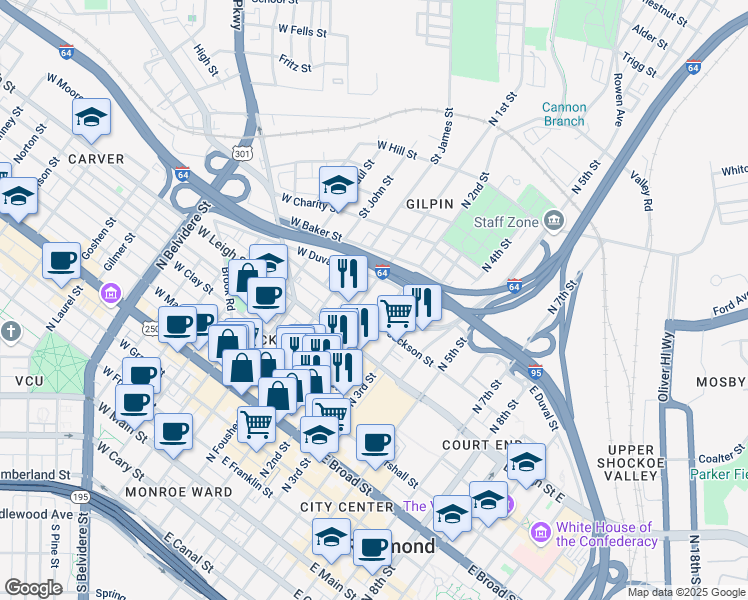 map of restaurants, bars, coffee shops, grocery stores, and more near 701 North 1st Street in Richmond