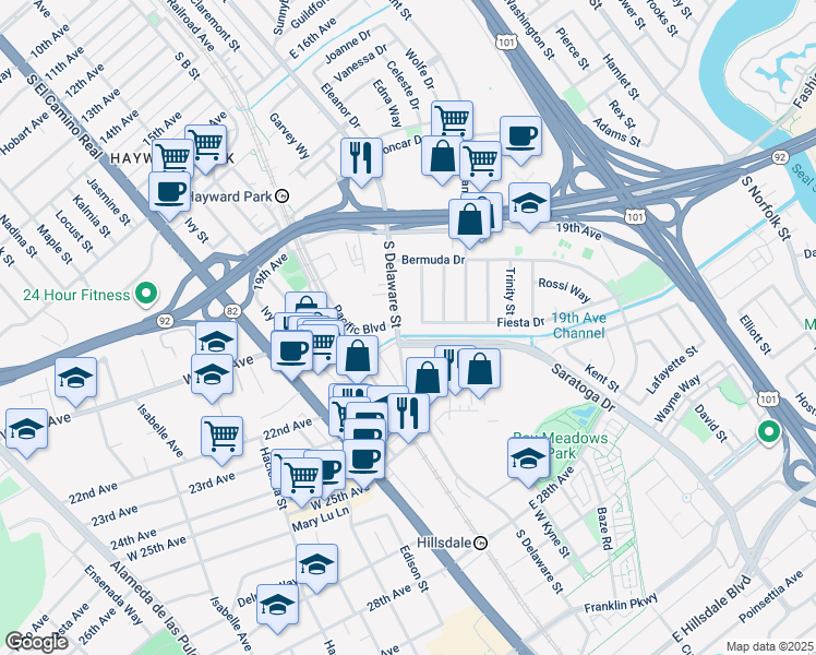 map of restaurants, bars, coffee shops, grocery stores, and more near 2088 Texas Way in San Mateo