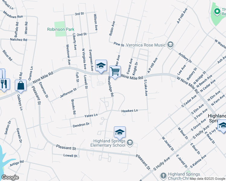 map of restaurants, bars, coffee shops, grocery stores, and more near 201 Newbridge Road in Richmond