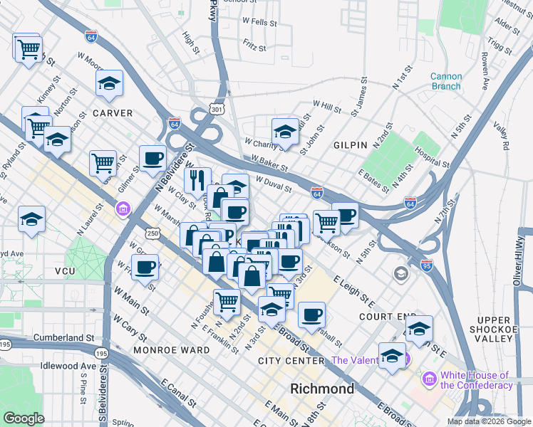 map of restaurants, bars, coffee shops, grocery stores, and more near 13 West Jackson Street in Richmond