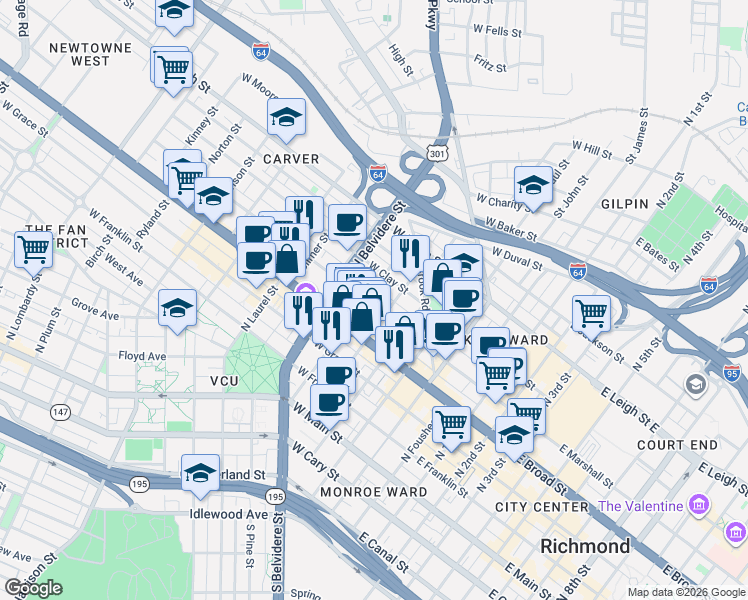 map of restaurants, bars, coffee shops, grocery stores, and more near 407 North Henry Street in Richmond